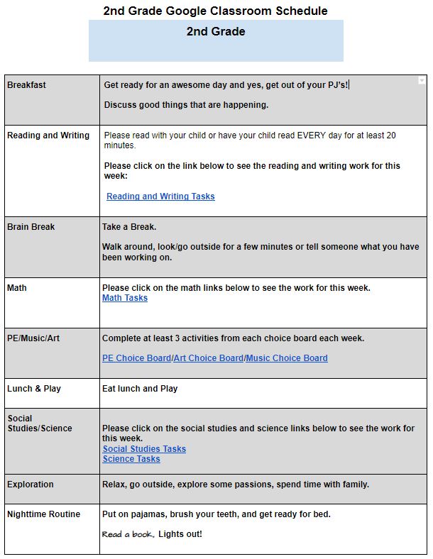 Google Classroom Schedule