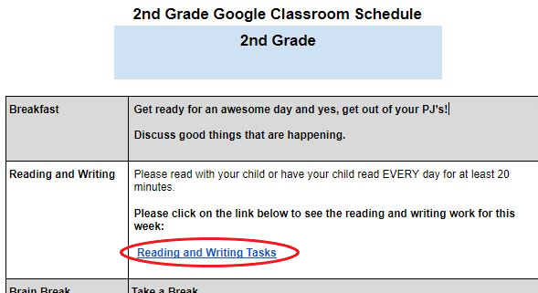 Google Classroom Schedule with Reading and Writing Tasks Highlighted